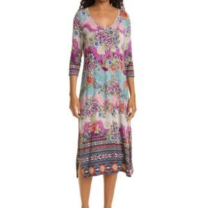 Johnny Was Ledona 3/4 Sleeve Floral Print Stretch Pullover Dress. Size XS